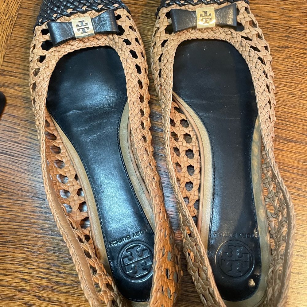 Tory Burch Black and Brown Woven Flats with Bow